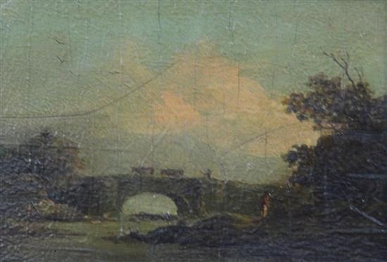 Early 19th century English School Cattle drover on a bridge, 4.25 x 6.5in.
